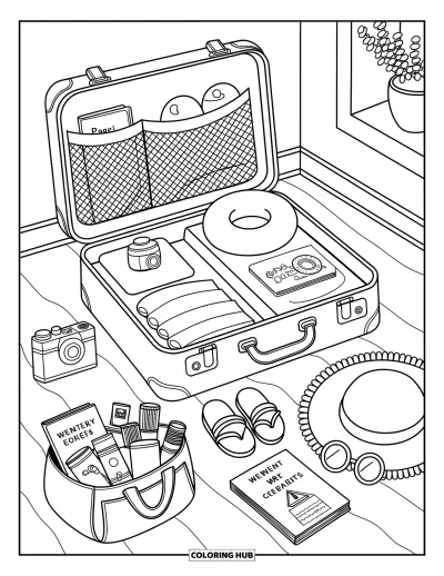 Coloriage de voyage pour adultes : Des vêtements, des cartes et un chapeau de paille entourent une valise ouverte dans une chambre lumineuse