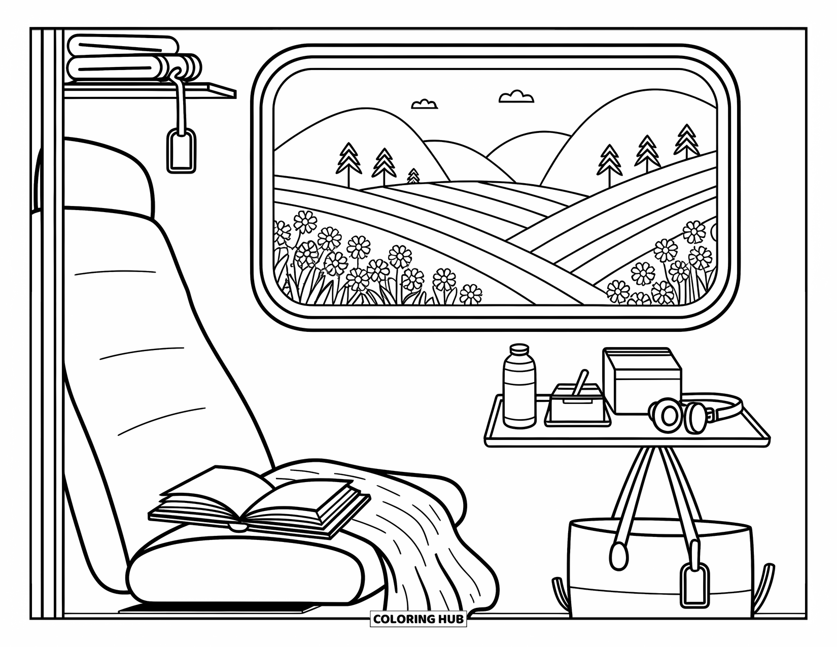 Travel Coloring Page for Adults: Inside a train cabin: an open book, juice, headphones, and hills drifting by