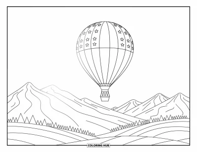 Coloriage de voyage pour enfants : Une montgolfière aux étoiles et rayures s'élève au-dessus de douces cimes de montagnes sous un soleil chaleureux