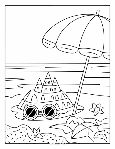 Coloriage de voyage pour enfants : Un parasol de plage abrite un château de sable et des lunettes de soleil sur le sable doré