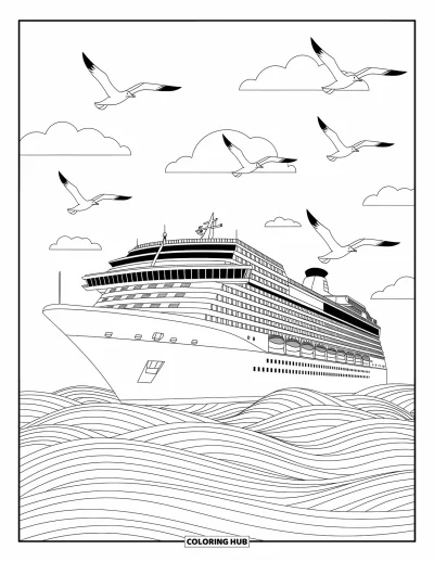 Coloriage de voyage pour enfants : Un grand paquebot flotte doucement sur une mer agitée avec de joyeux petits mouettes à proximité
