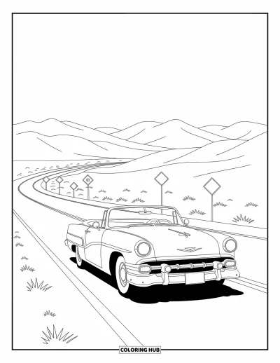 Coloriage de voyage pour enfants : Une voiture serpente dans le désert avec des panneaux amusants et des dunes dorées au soleil