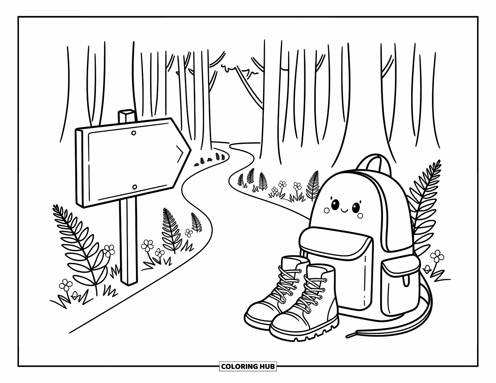 Travel Coloring Page for Kids: A cheerful sign and boots mark the way to a cozy woodland adventure