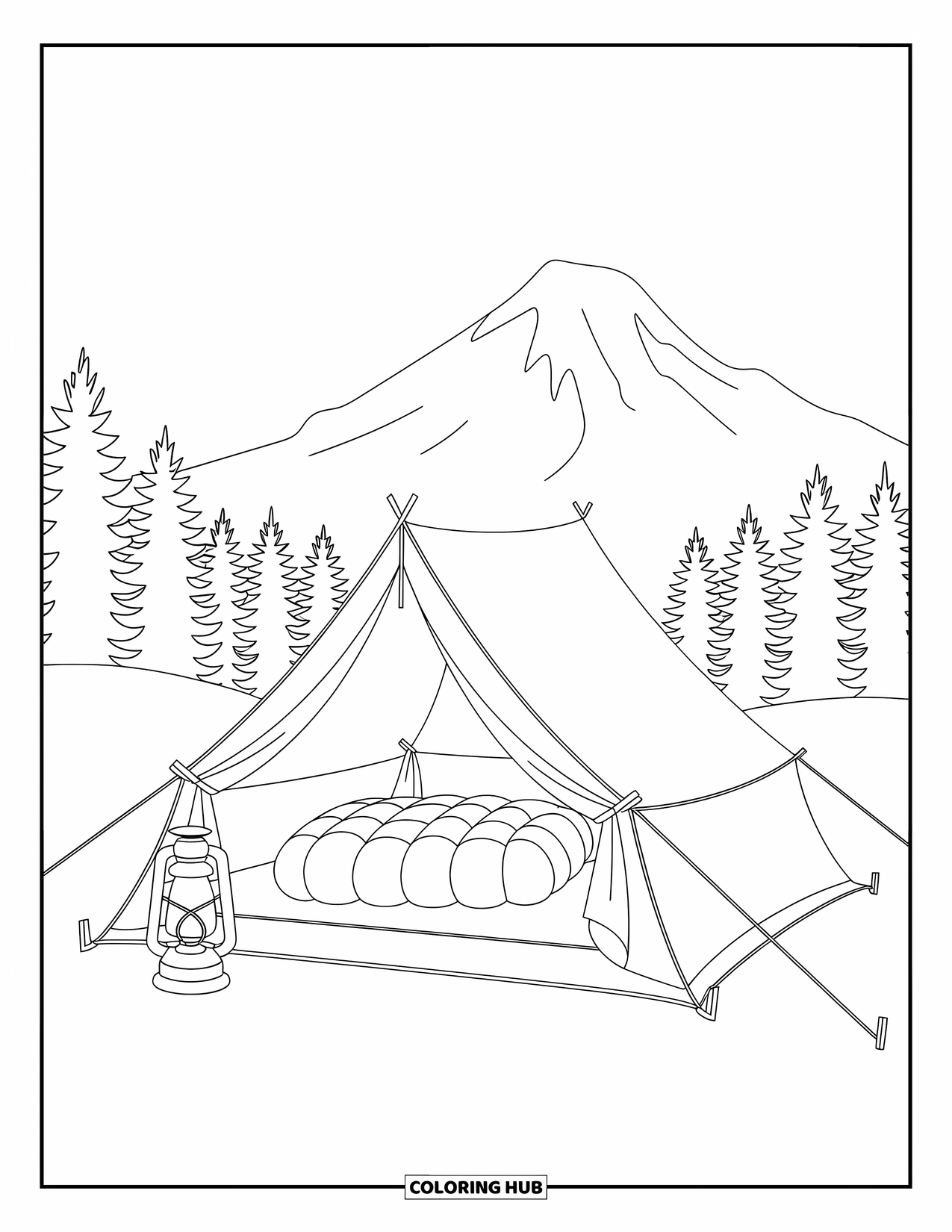 Travel Coloring Page for Kids: A comfy tent and lantern sit near a mountain under a warm, dreamy sky