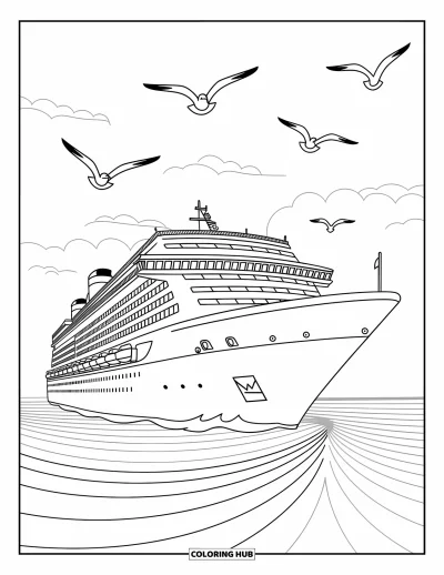 Coloriage de voyage pour enfants : Un bateau douillet navigue sur des eaux calmes avec des mouettes qui dansent au-dessus