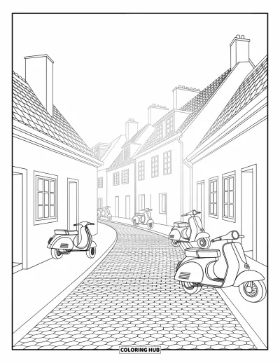 Coloriage de voyage pour enfants : Une rue charmante avec des scooters et de jolies maisons baignées d'une douce lumière dorée