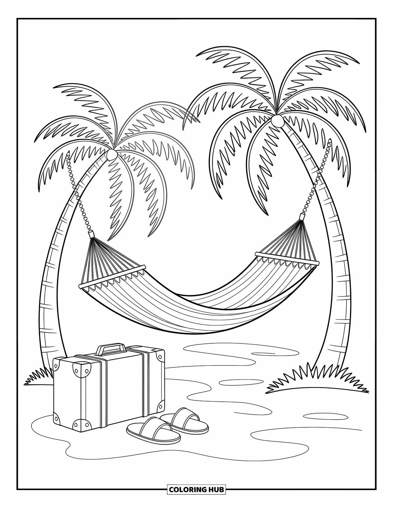 Travel Coloring Page for Kids: A hammock sways between palm trees with sandals and a suitcase nearby