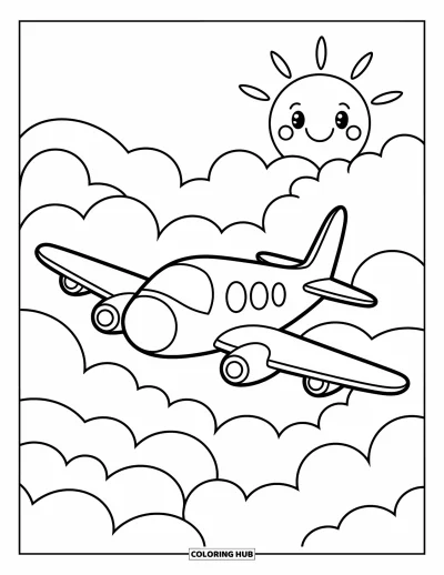 Coloriage de voyage pour enfants : Un soleil rayonnant regarde un avion voler au-dessus de nuages doux par une belle journée