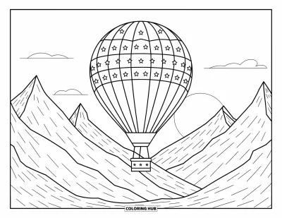 Coloriage de voyage pour enfants : Une montgolfière flotte au-dessus de montagnes enneigées avec des étoiles et des rayures sur son tissu