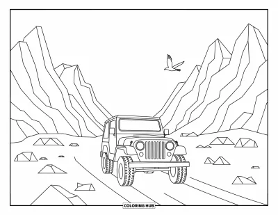 Coloriage de voyage pour enfants : Un jeep roule en tout-terrain à travers de hautes montagnes avec un oiseau qui plane au-dessus