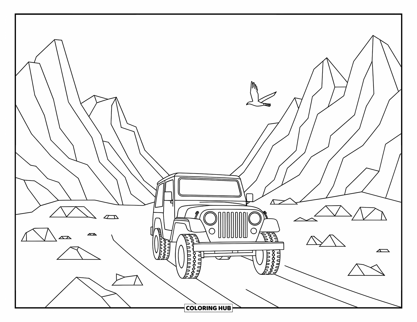 Travel Coloring Page for Kids: A jeep drives off-road through tall mountains with a bird soaring above