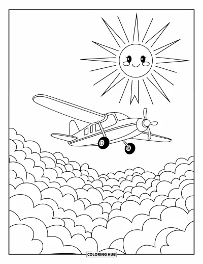 Coloriage de voyage pour enfants : Un petit avion vole haut au-dessus de nuages gonflés sous un soleil chaleureux