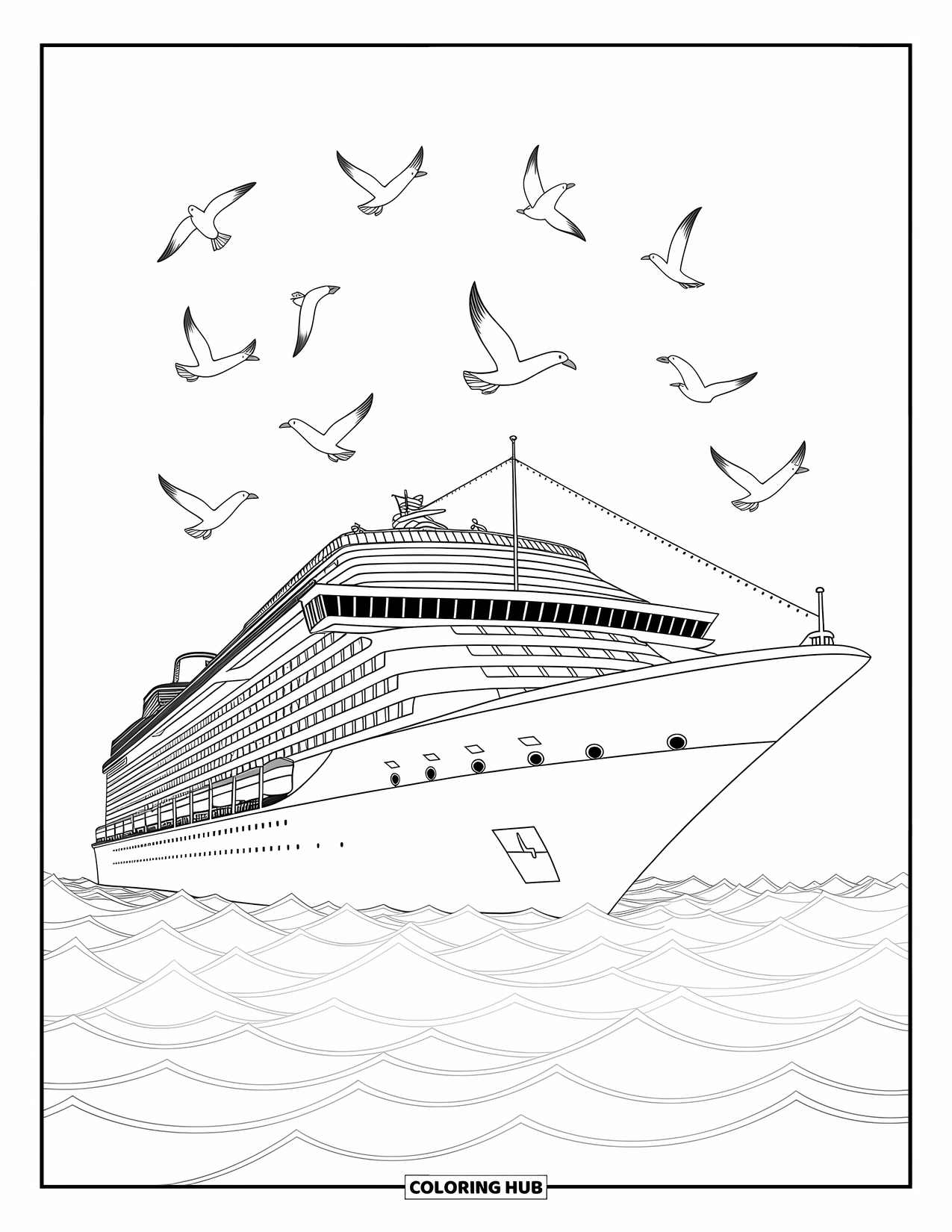 Travel Coloring Page for Kids: A peaceful cruise ship and seagulls drift together in a warm, sunny sky