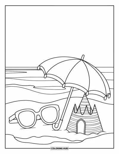 Coloriage de voyage pour enfants : Un parasol coloré, un château de sable et des lunettes de soleil sous le ciel ensoleillé de la plage