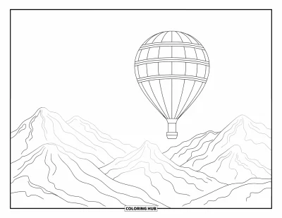 Coloriage de voyage pour enfants : Une montgolfière ronde glisse dans le ciel au-dessus de paisibles montagnes enneigées
