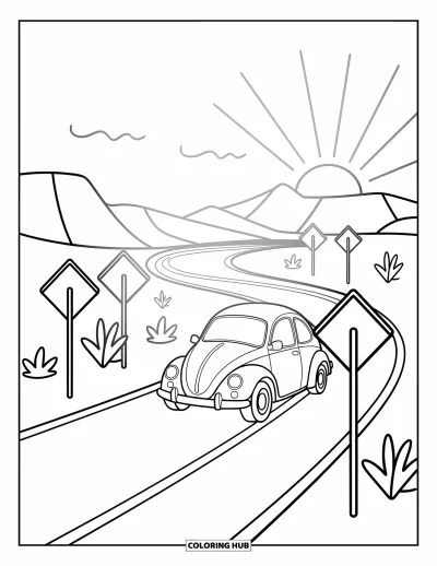 Coloriage de voyage pour enfants : Une voiture arrondie traverse un désert lumineux avec des routes sinueuses et des cactus