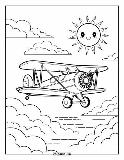Coloriage de voyage pour enfants : Un petit avion vole au-dessus de nuages moelleux avec un soleil souriant qui illumine le ciel