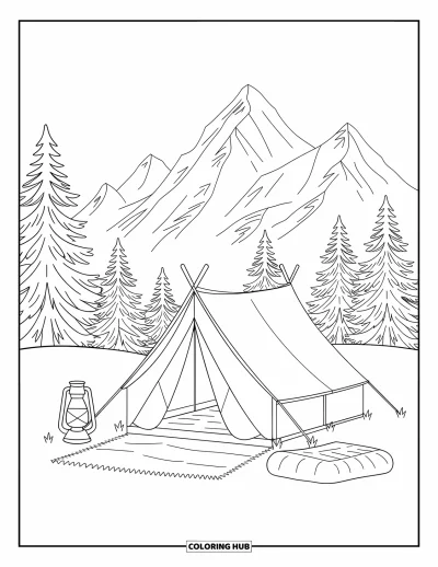 Coloriage de voyage pour enfants : Une petite tente illuminée se dresse à côté d'une lanterne avec des montagnes qui se profilent au loin