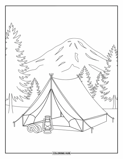 Coloriage de voyage pour enfants : Une tente douillette, un sac de couchage et un paysage de montagne parfaits pour des aventures en plein air