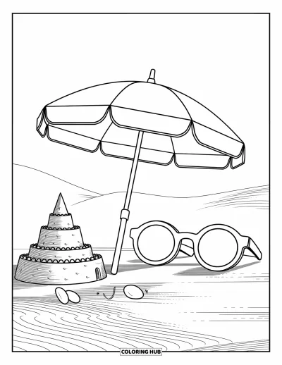 Coloriage de voyage pour enfants : Un parasol rayé et un château de sable avec des lunettes de soleil composent une scène de plage joyeuse