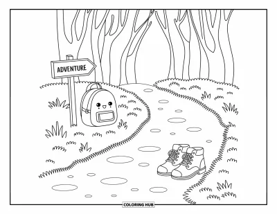 Coloriage de voyage pour enfants : Un sentier forestier ensoleillé avec des bottes, un sac à dos et un panneau à explorer