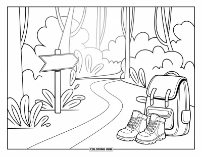 Coloriage de voyage pour enfants : Un panneau de sentier pointe vers une clairière cachée à côté d'un sac à dos et de chaussures de randonnée