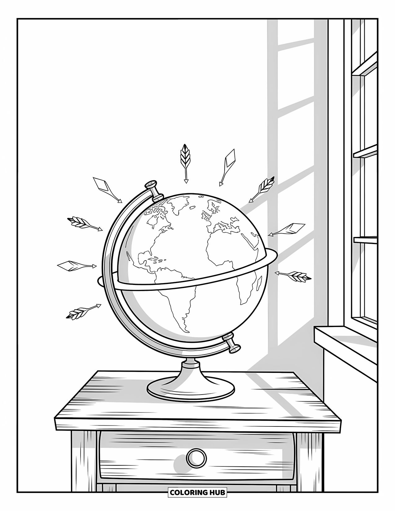 Travel Coloring Page for Kids: A vintage globe and arrows sit on a table, ready for fun discoveries
