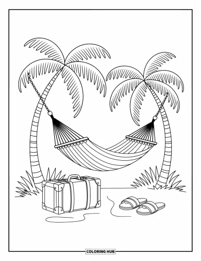 Coloriage de voyage pour enfants : Des palmiers ombragent un hamac, une valise et des sandales sur le sable doux de la plage