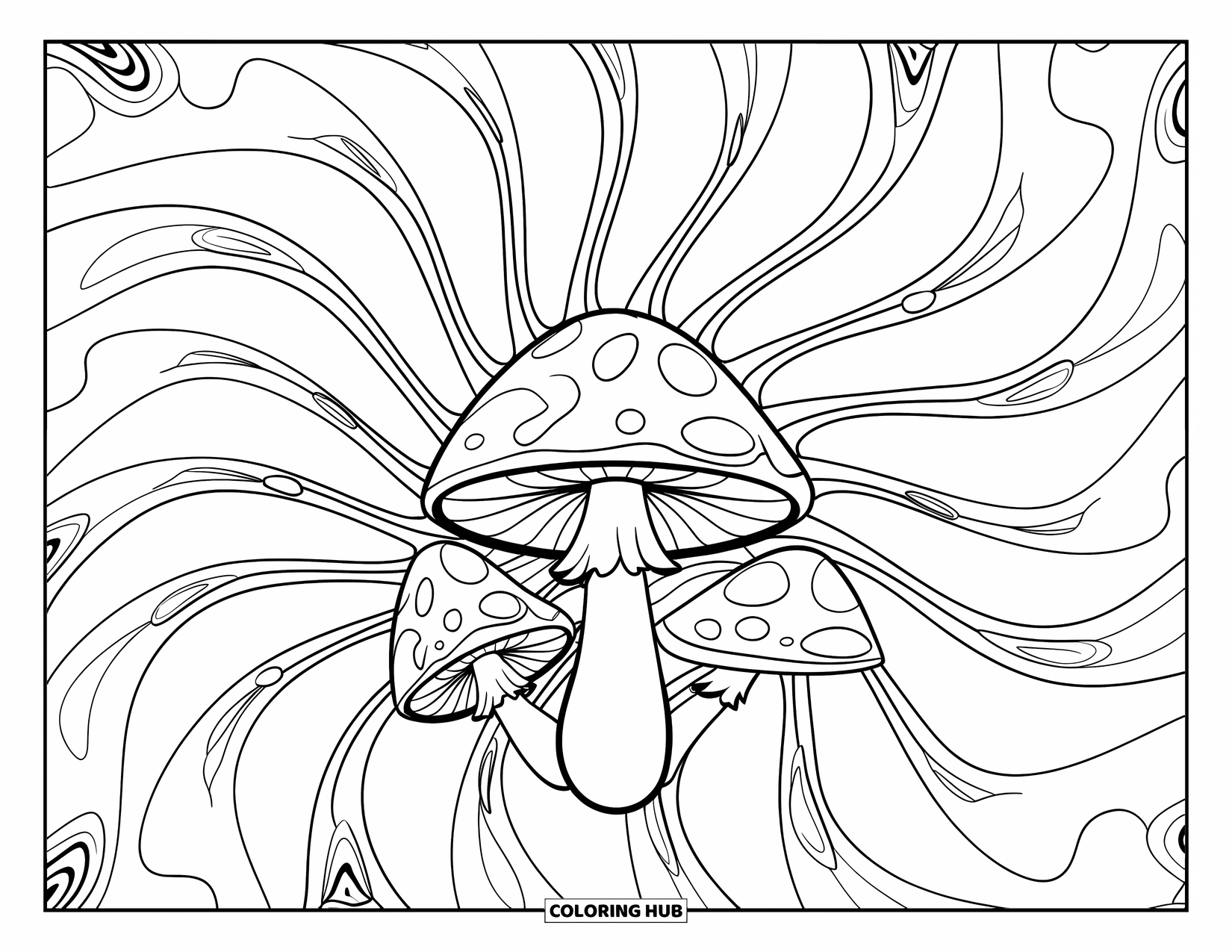 Trippy Mushroom Coloring Page for Adults: A central mushroom shines with spiral lines and a background full of swirling paisleys
