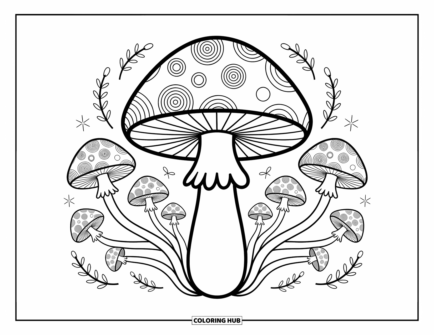 Trippy Mushroom Coloring Page for Adults: A giant mushroom blooms at the center of a playful, swirling forest layout