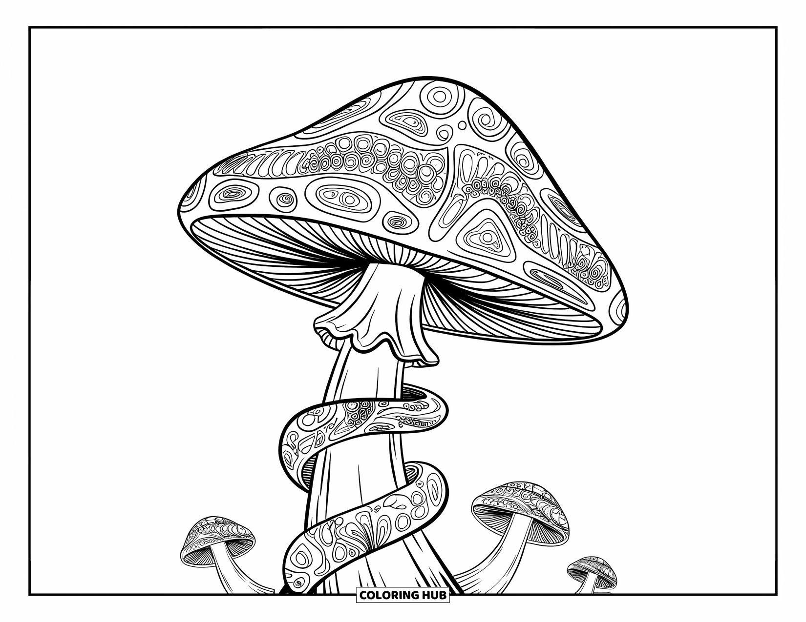 Trippy Mushroom Coloring Page for Adults: A giant mushroom with fractal patterns and spiral roots stands on a blank white page