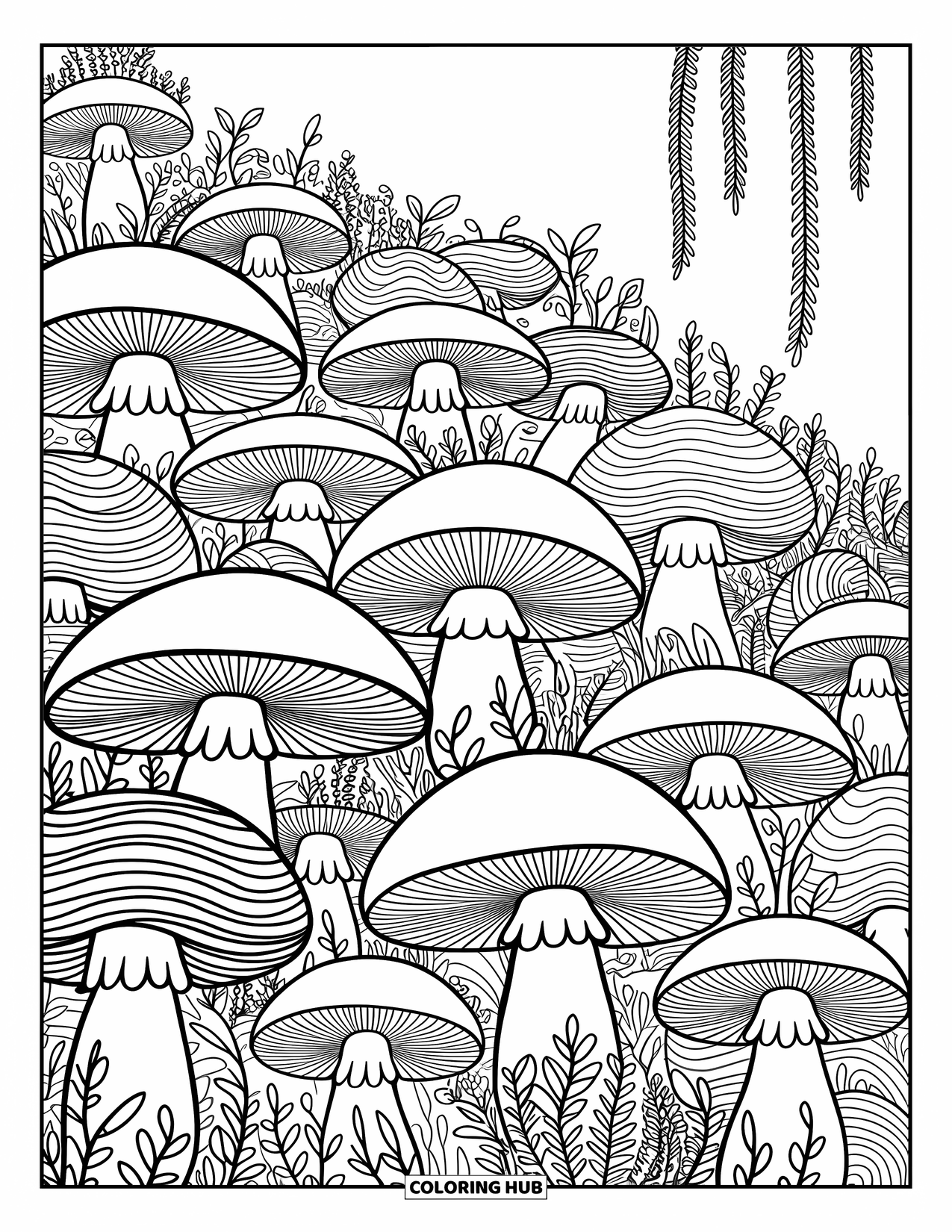 Trippy Mushroom Coloring Page for Adults: A hillside garden bursts with mushrooms, spirals, vines, and cozy little details