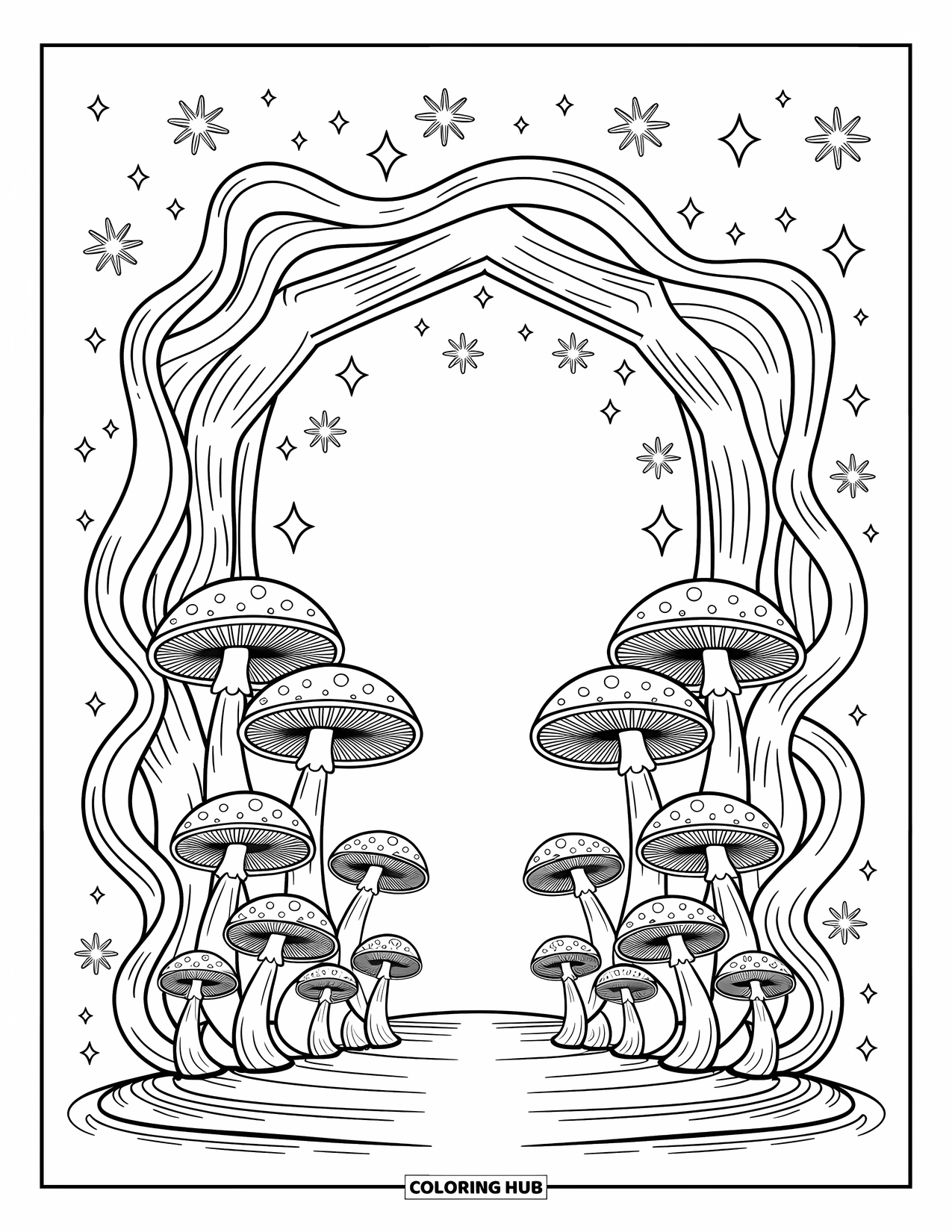 Trippy Mushroom Coloring Page for Adults: A magical portal glows, surrounded by swirling mushrooms, stars, and playful little tokens