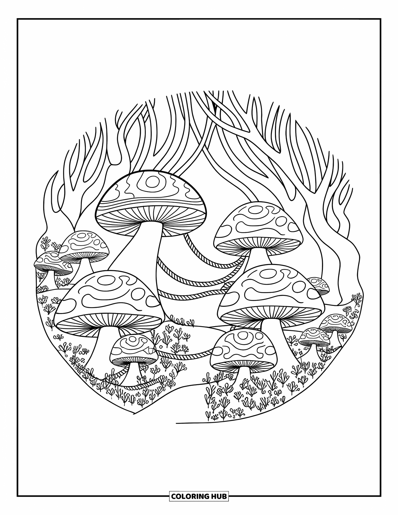 Trippy Mushroom Coloring Page for Adults: A mushroom village sits in a circle of trees, filled with bridges and gardens