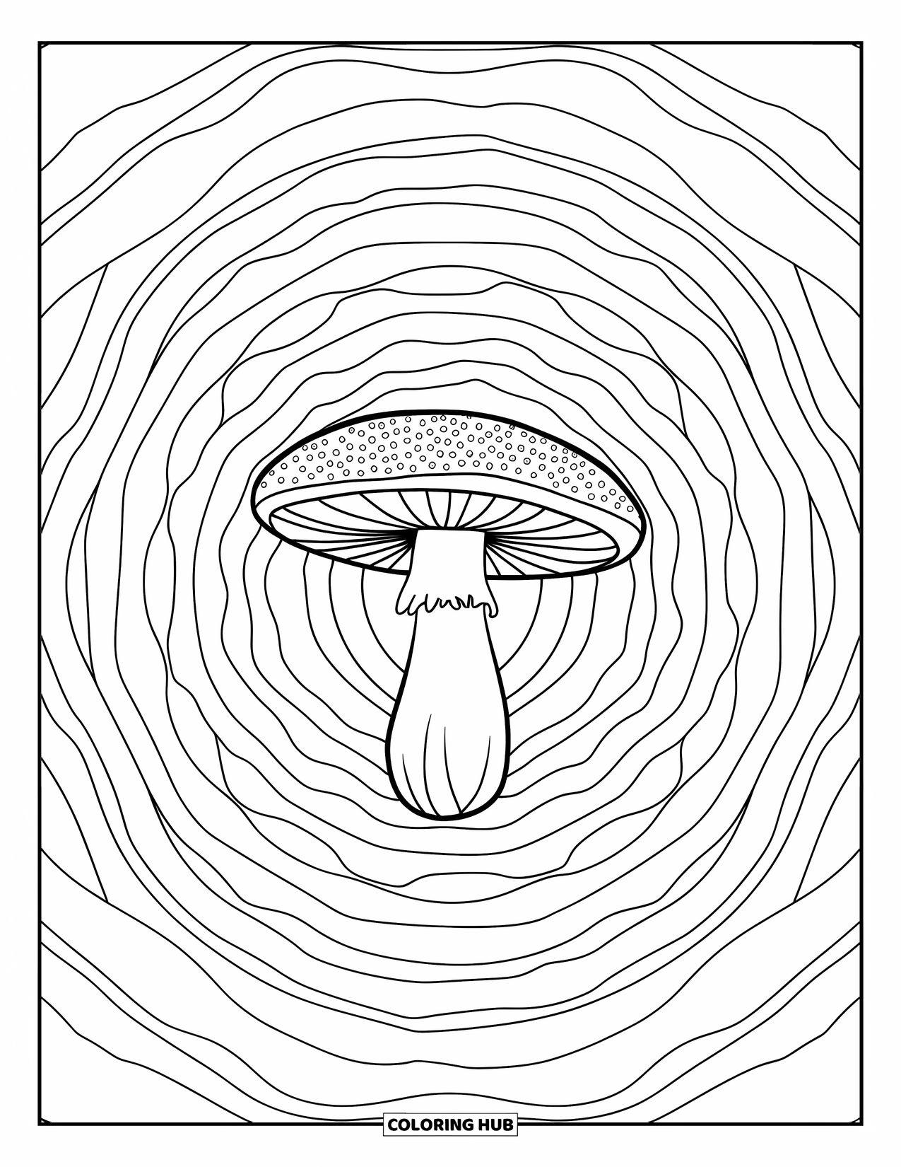 Trippy Mushroom Coloring Page for Adults: A single mushroom rises through layers of detailed mandala rings on a clean page