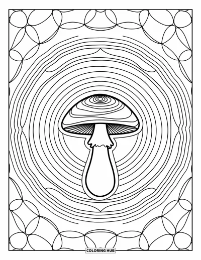 Fargeleggingsark med psykedeliske sopp for voksne: En psykedelisk sopp med spiralhatt sitter inne i mandalaringer og bitte små sirkler