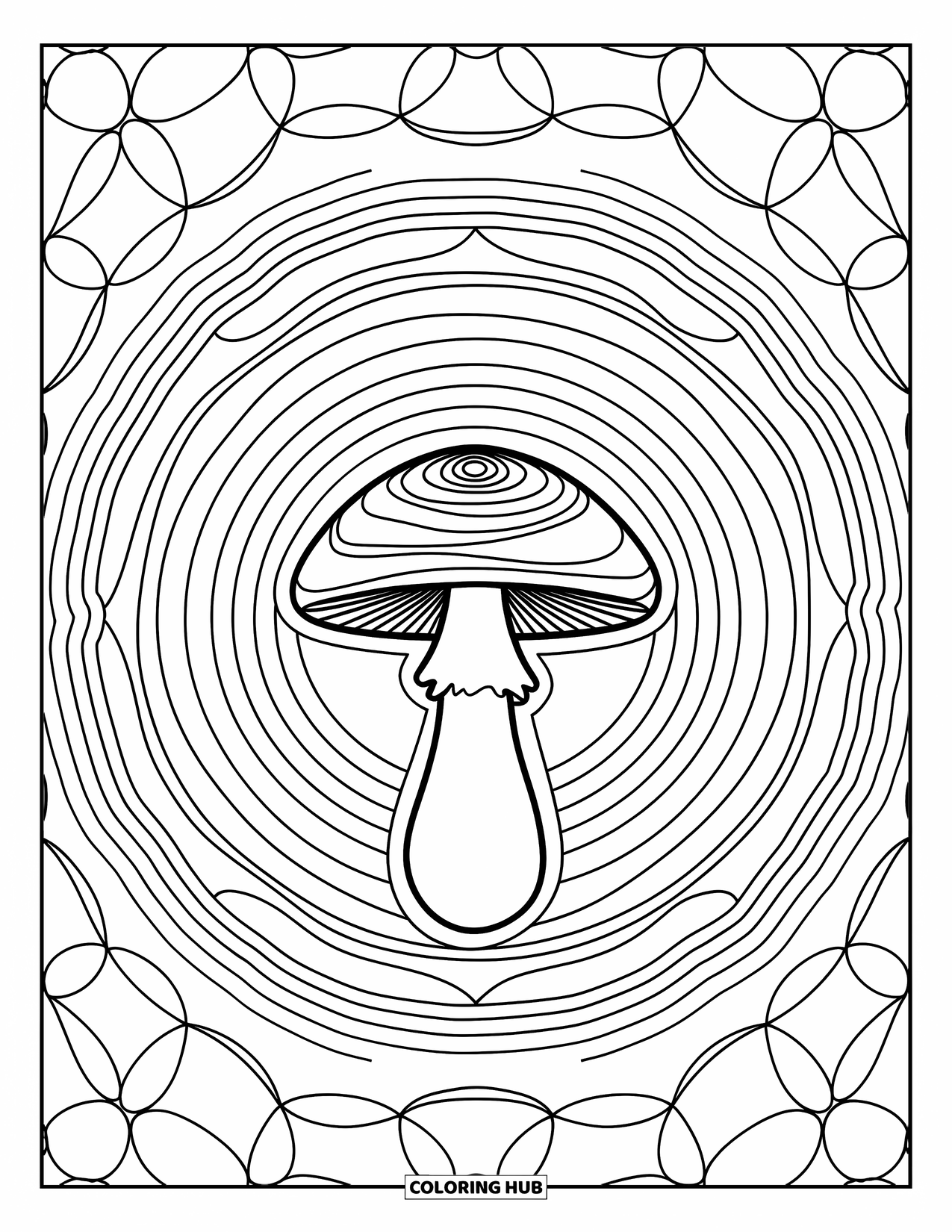 Trippy Mushroom Coloring Page for Adults: A trippy mushroom with a spiral cap sits inside mandala rings and tiny circles