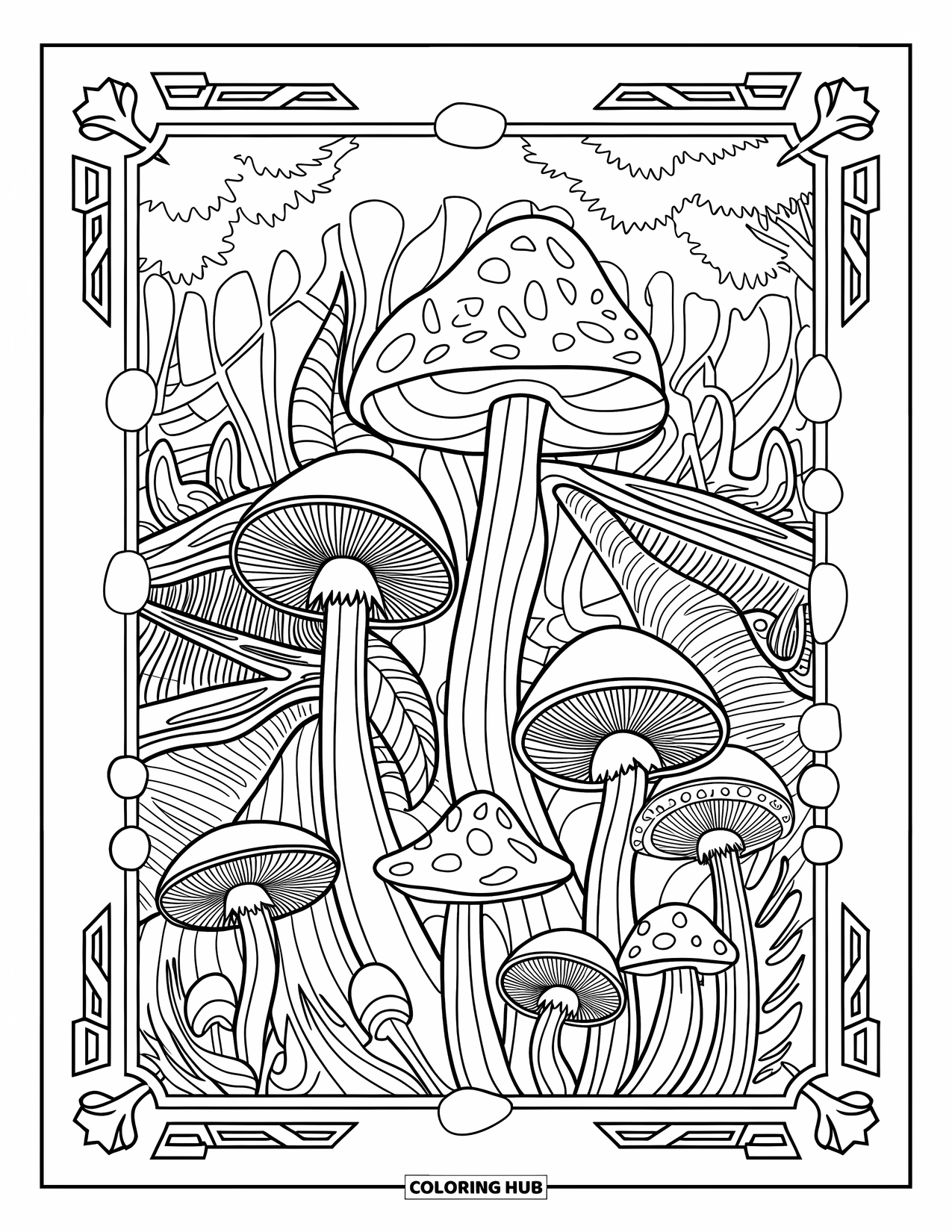 Trippy Mushroom Coloring Page for Adults: An enchanted forest floor bursts with mushrooms, line leaves, and decorative tree designs