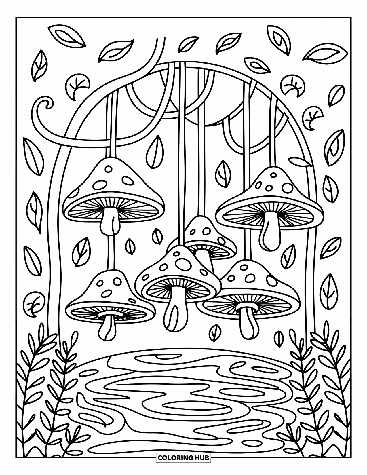 Trippy Mushroom Coloring Page for Adults: An upside-down mushroom forest sways gently above a magical, mirrored ground