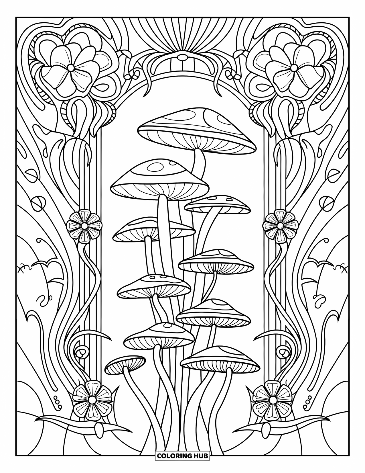 Trippy Mushroom Coloring Page for Adults: Climbing mushrooms twist upward surrounded by vines, swirls, and floral patterns