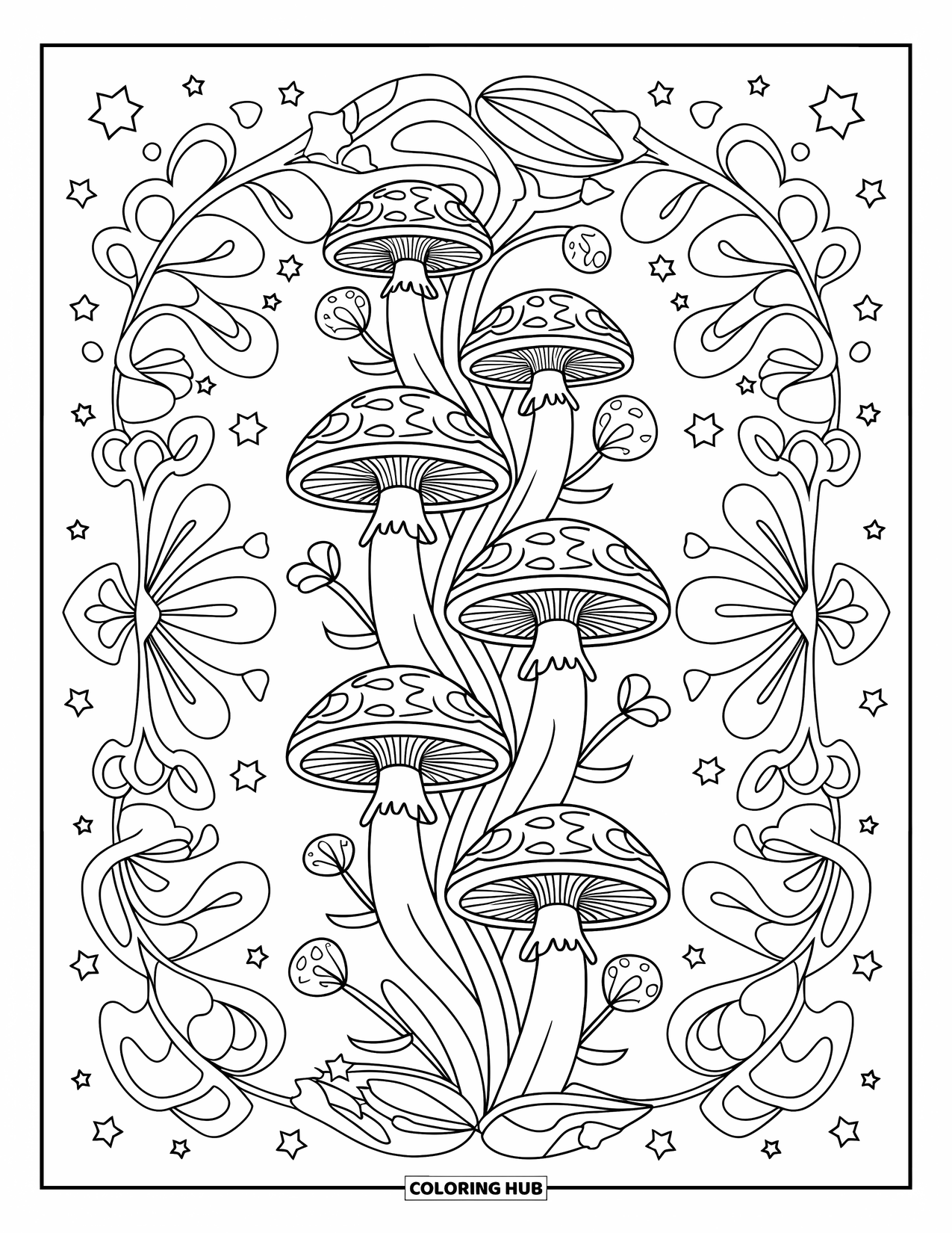 Trippy Mushroom Coloring Page for Adults: Mushrooms and vines twist up the page among stars, hearts, and swirling shapes