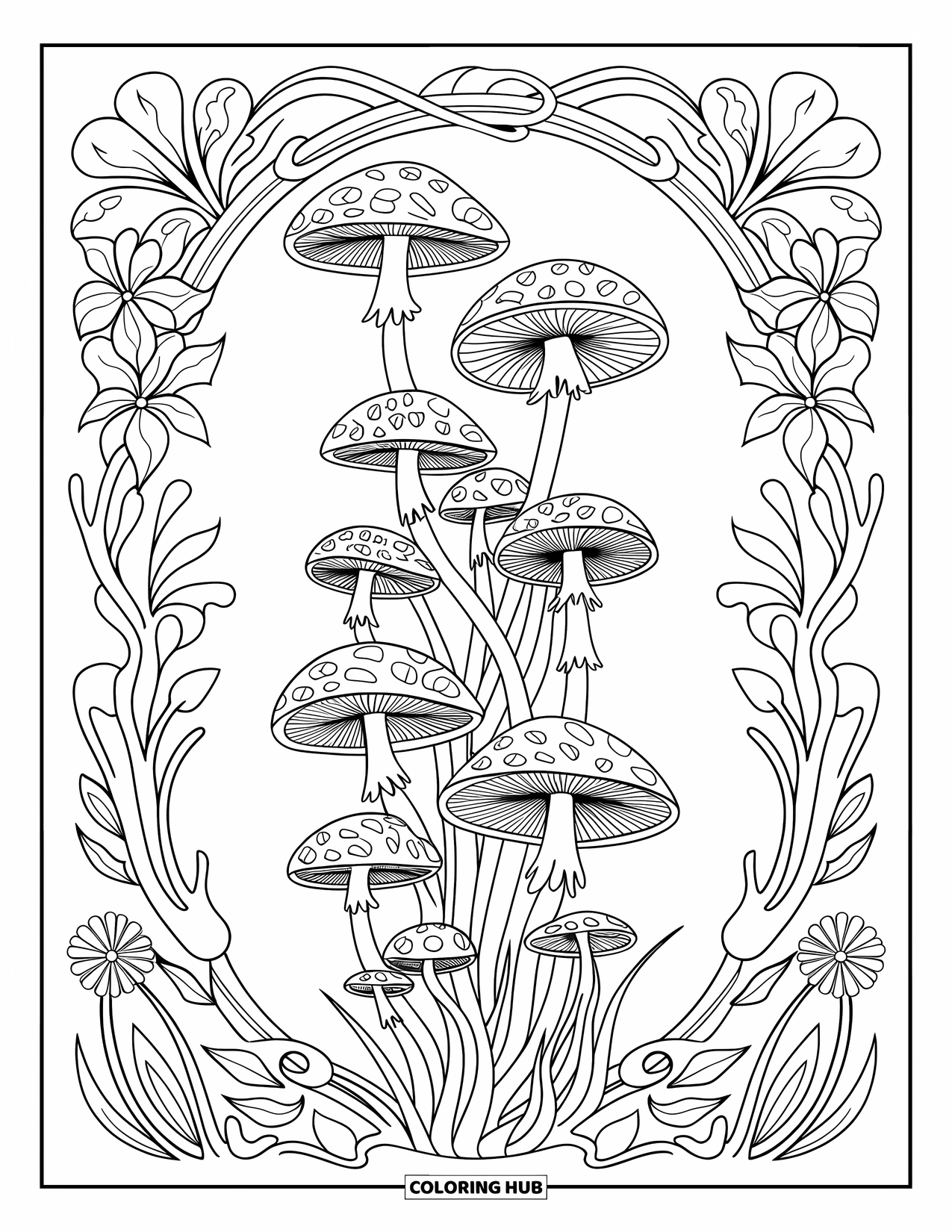 Trippy Mushroom Coloring Page for Adults: Mushrooms climb a vine-framed border with clean lines and bold, playful shapes