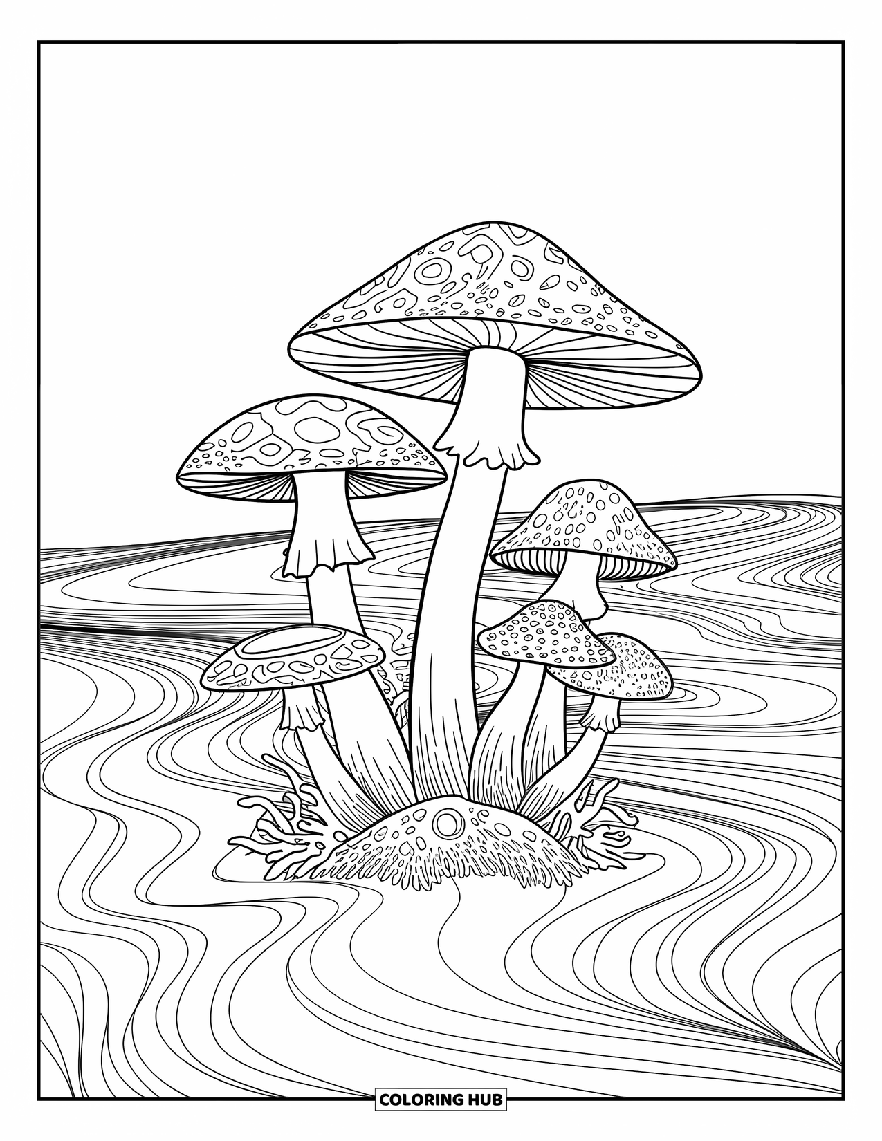 Trippy Mushroom Coloring Page for Adults: Mushrooms cluster together on a swirling base in a clean, open scene