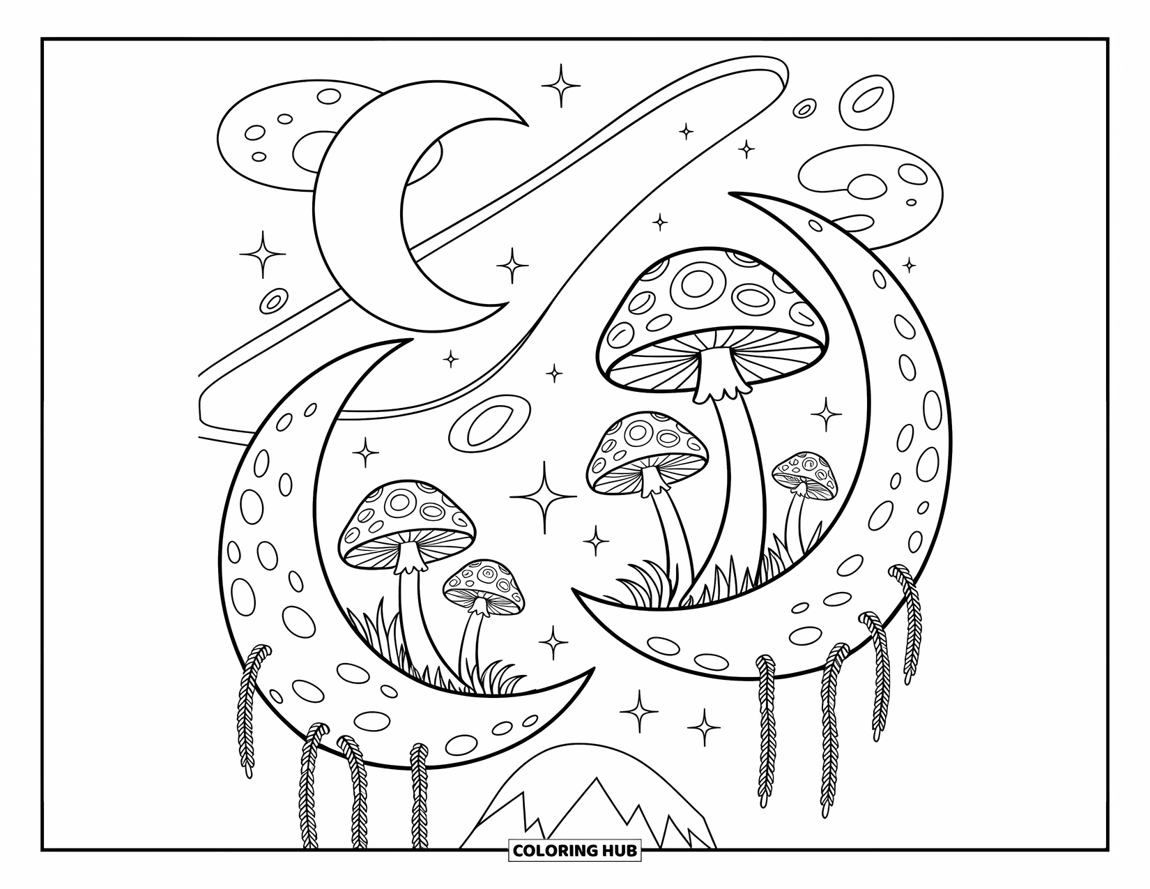 Trippy Mushroom Coloring Page for Adults: Mushrooms dangle from moons in a sky scene with vines, swirls, and cute stars
