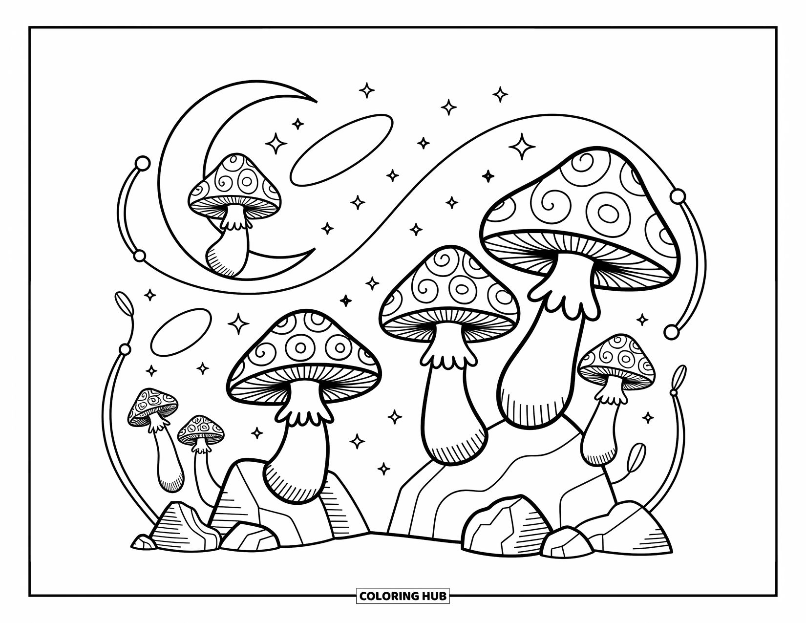 Trippy Mushroom Coloring Page for Adults: Mushrooms float from crescent moons among stars, vines, and dreamy little details