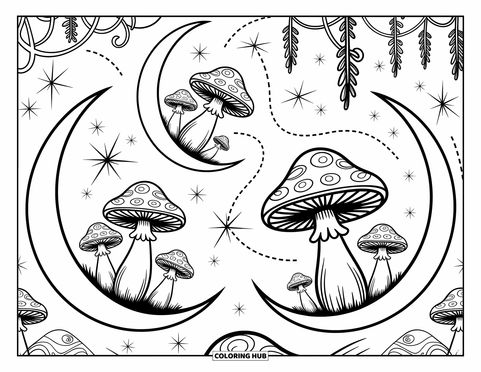 Trippy Mushroom Coloring Page for Adults: Mushrooms grow from moons and rocks in a dreamy sky full of twirls and stars