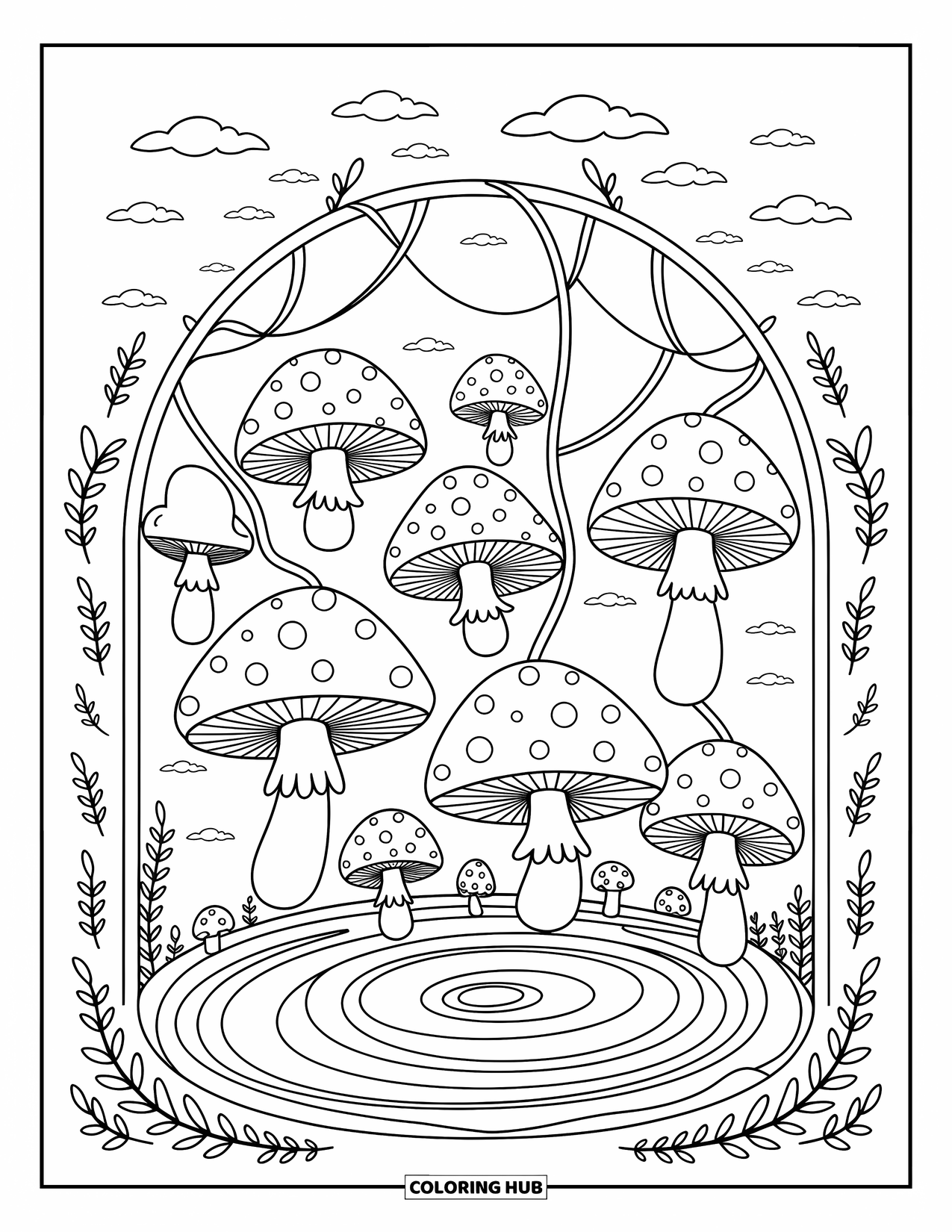 Trippy Mushroom Coloring Page for Adults: Mushrooms hang from vines in a mirrored forest filled with playful leaf swirls