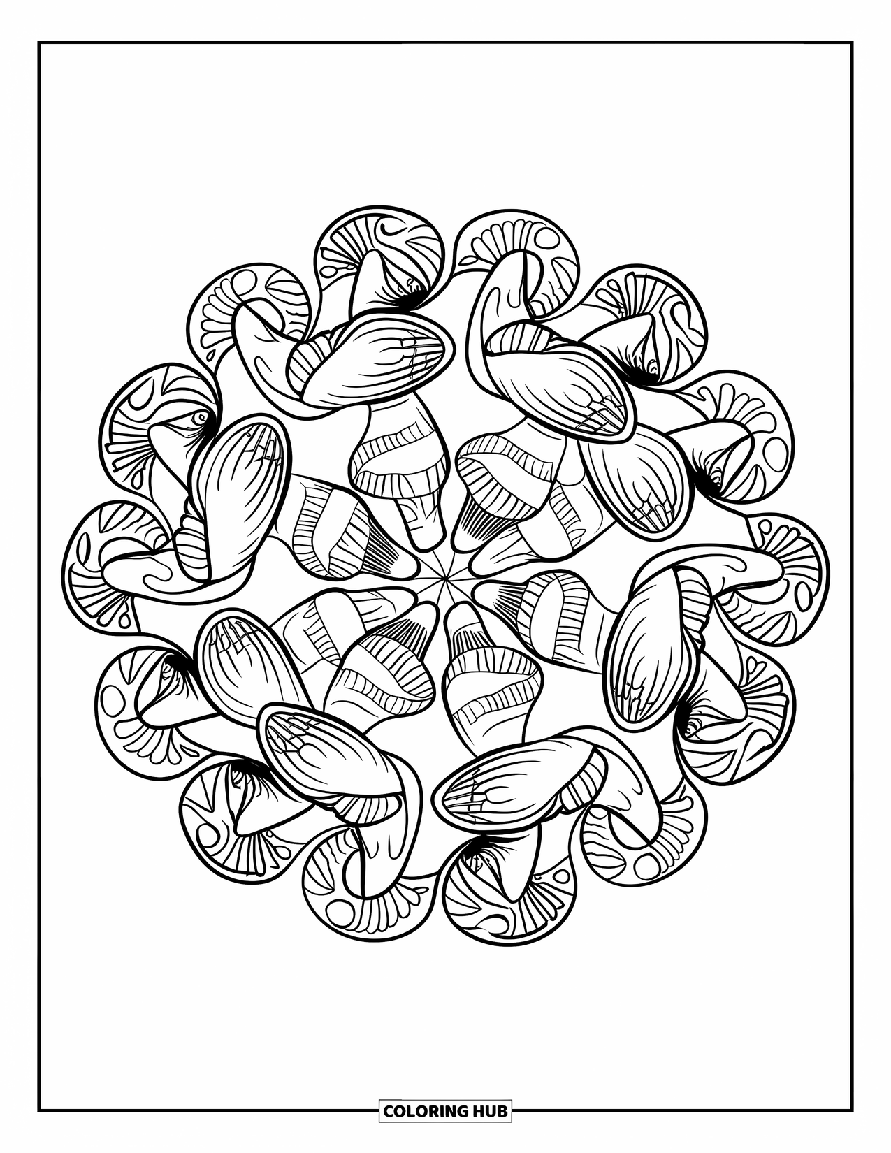 Trippy Mushroom Coloring Page for Adults: Mushrooms overlap in a full-page radial design with swirling shapes and bold lines
