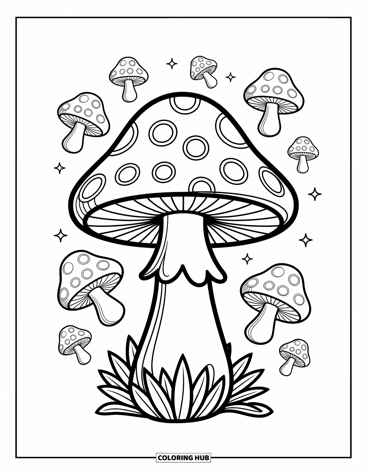 Trippy Mushroom Coloring Page for Adults: One huge mushroom rises tall, surrounded by tiny floating mushrooms with quirky patterns
