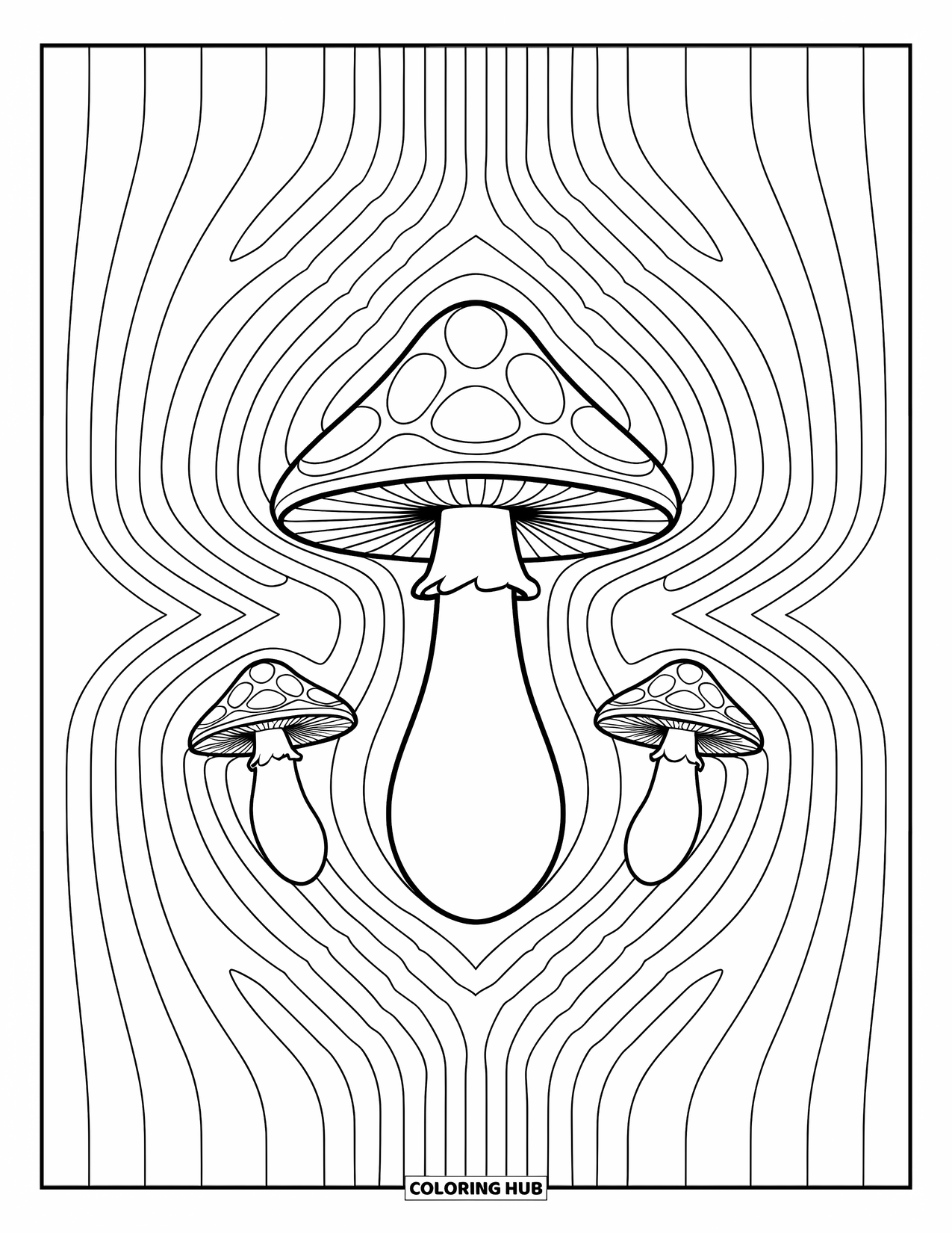 Trippy Mushroom Coloring Page for Adults: One mushroom sits in the center, surrounded by layered mandala spiral rings